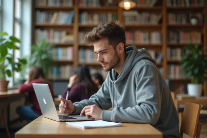 Jeune étudiant concentré à son bureau en studieuse ambiance