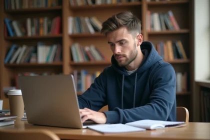 Étudiant en école d'ingénieurs consultant ses cours et notes sur la plateforme LISE ENSAM depuis une bibliothèque universitaire