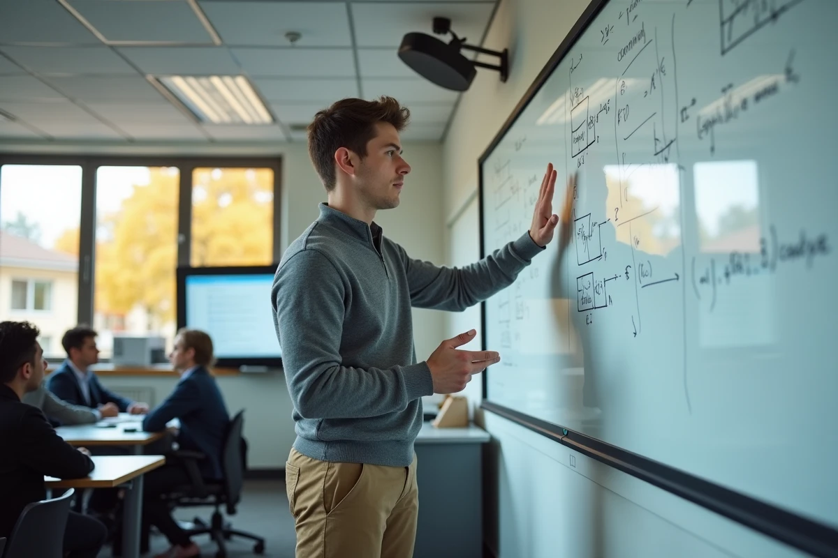Étudiant du MIT présentant des équations au tableau dans une salle de cours de Cambridge Massachusetts