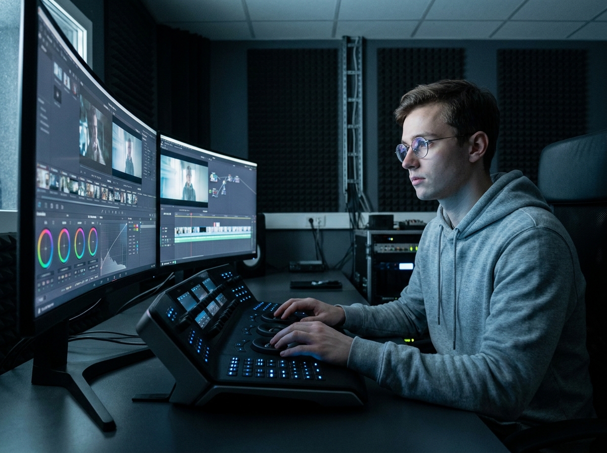 Étudiant en montage vidéo et étalonnage travaillant sur une station de post-production audiovisuelle