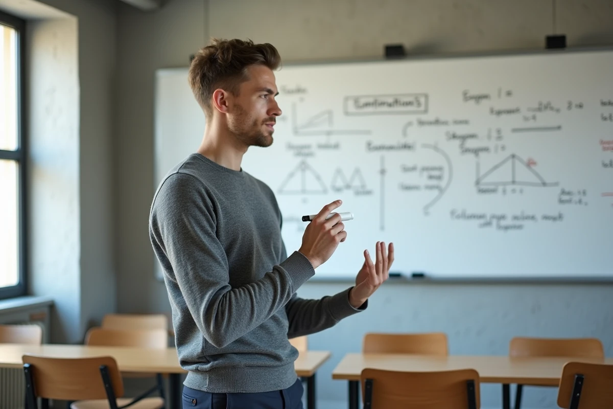 Étudiant en prépa ECE présentant des formules économiques au tableau blanc dans une salle de séminaire