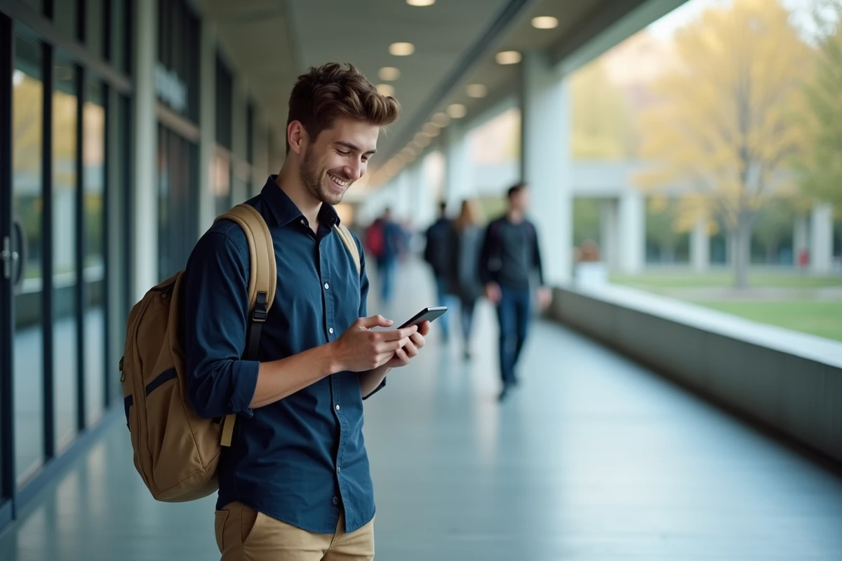 Étudiant consultant ses résultats d'examens sur smartphone dans un couloir universitaire