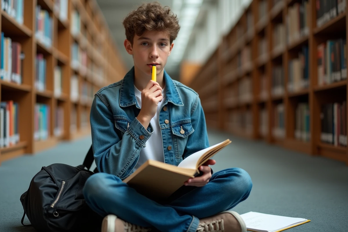 Adolescent révisant des exercices corrigés de ponctuation dans une bibliothèque avec un cahier d'entraînement