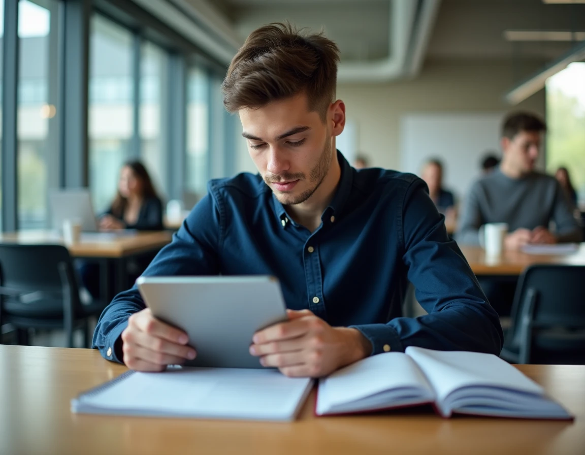 Étudiant consultant ses supports de cours et examens sur une tablette dans un espace coworking universitaire