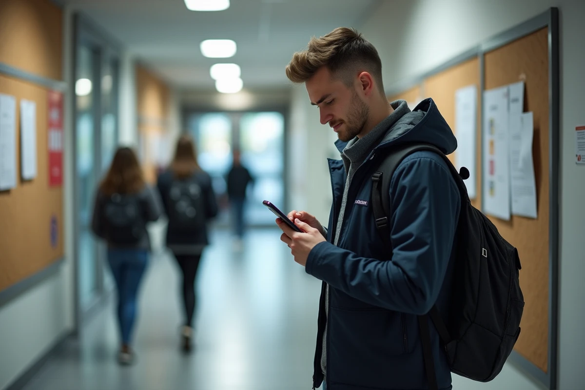 Étudiant consultant l'emploi du temps de son UFR sur son smartphone dans un couloir de l'université d'Angers