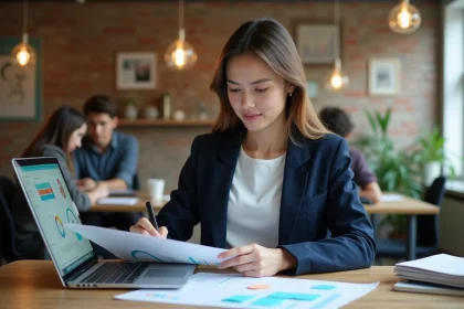 Étudiante en alternance marketing à Bordeaux travaillant sur une stratégie de campagne dans un espace de coworking moderne