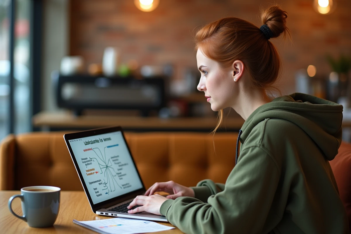 Jeune femme dans un café révisant le subjonctif imparfait espagnol sur ordinateur portable avec un carnet de notes visuel