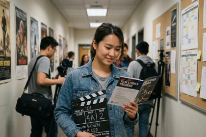 Étudiante en cinéma tenant une ardoise de tournage dans un couloir d'école de film, réfléchissant au choix entre études courtes et longues après le bac