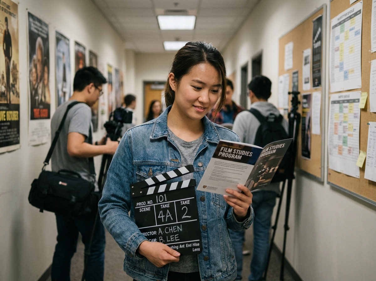 Étudiante en cinéma tenant une ardoise de tournage dans un couloir d'école de film, réfléchissant au choix entre études courtes et longues après le bac