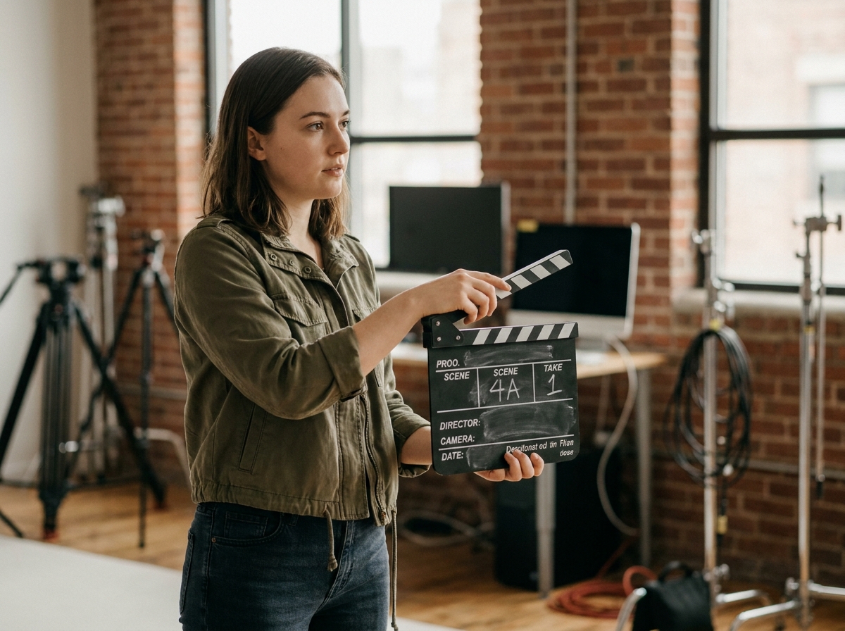 Étudiante en cinéma tenant un clap de tournage dans un studio de formation audiovisuelle