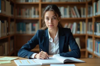 Étudiante en classe préparatoire consultant un classement SIGEM dans une bibliothèque universitaire