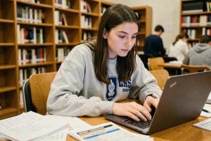 Étudiante consultant un convertisseur de notes sur son ordinateur portable dans une bibliothèque universitaire