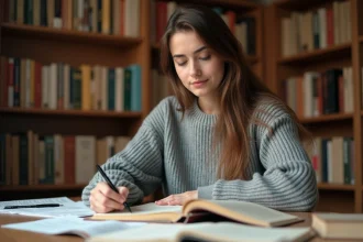 Étudiante annotant une dissertation avec des connecteurs logiques dans une bibliothèque universitaire