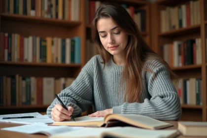 Étudiante annotant une dissertation avec des connecteurs logiques dans une bibliothèque universitaire