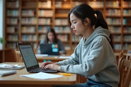 Étudiante consultant son emploi du temps sur LEO UGA dans une bibliothèque universitaire