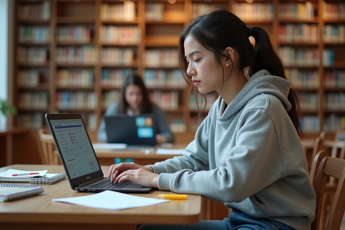 Étudiante consultant son emploi du temps sur LEO UGA dans une bibliothèque universitaire