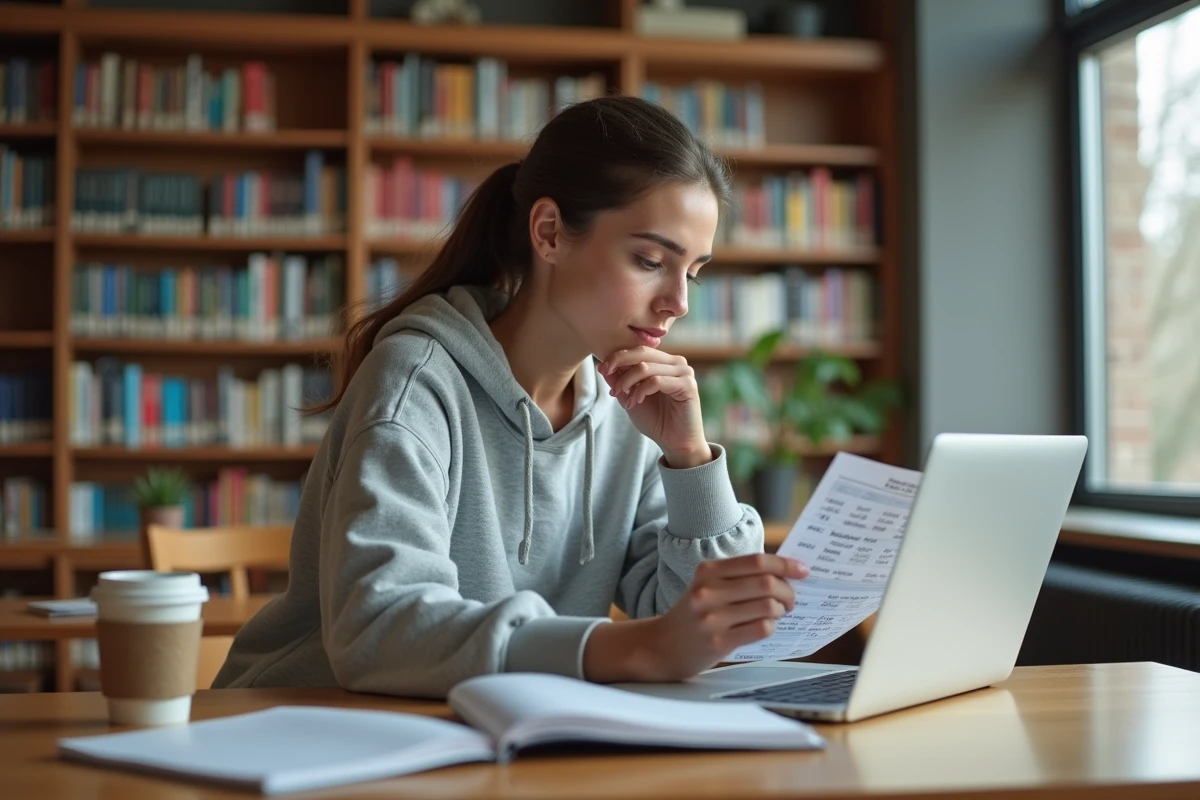 Étudiante consultant son emploi du temps universitaire sur un ordinateur portable à la bibliothèque de l'université d'Angers