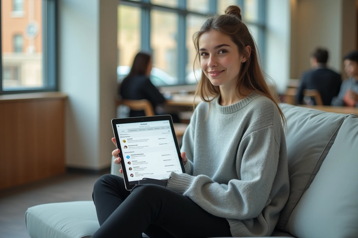 Étudiante de l'ENSAM gérant son emploi du temps et ses absences sur une tablette dans un espace commun du campus