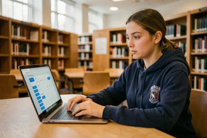 Étudiante utilisant l'ENT Sigma sur son ordinateur portable dans une bibliothèque universitaire moderne en 2026