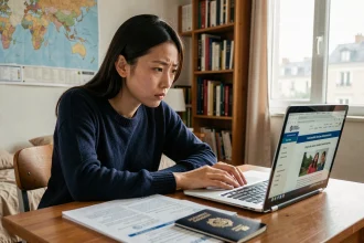 Étudiante étrangère consultant les démarches d'inscription à l'université Sorbonne Nouvelle sur son ordinateur portable, entourée de documents administratifs et d'un passeport