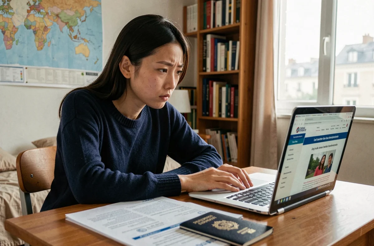 Étudiante étrangère consultant les démarches d'inscription à l'université Sorbonne Nouvelle sur son ordinateur portable, entourée de documents administratifs et d'un passeport