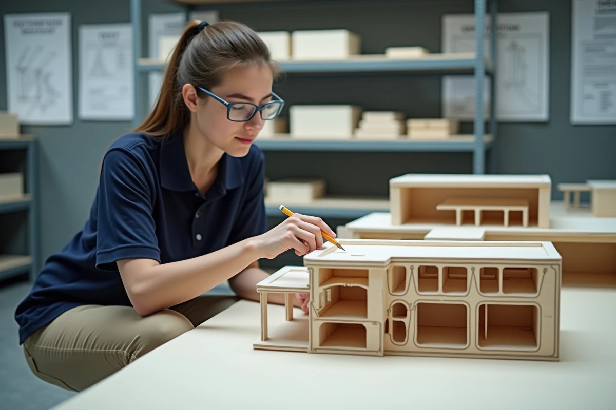Étudiante en génie civil analysant une maquette architecturale sectionnée montrant les coupes transversales et longitudinales