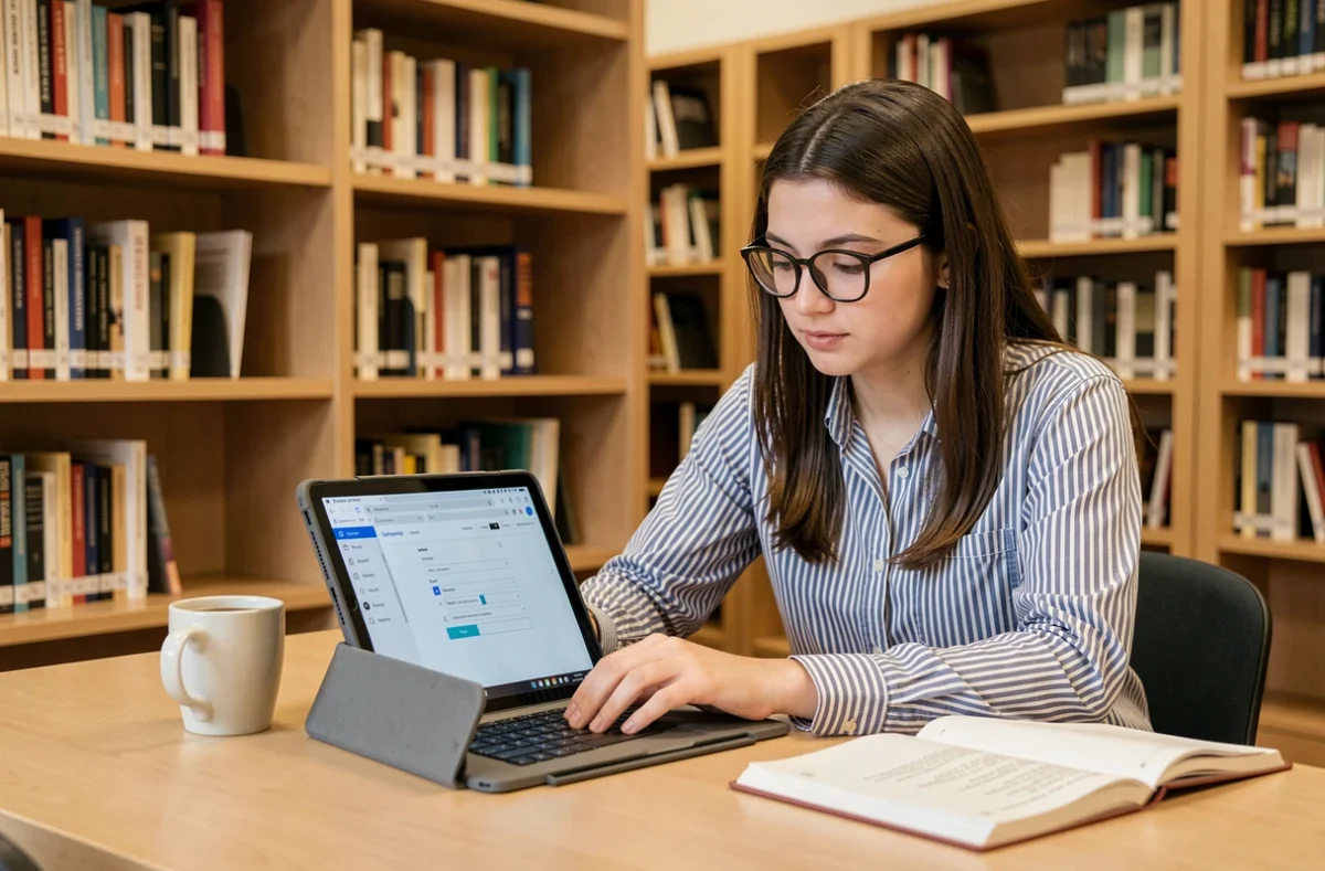 Étudiante accédant à la messagerie AC Strasbourg sur une tablette dans une bibliothèque universitaire