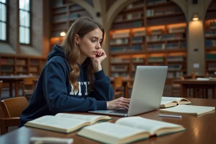 Étudiante au MIT concentrée sur son ordinateur portable dans une grande bibliothèque universitaire de Boston