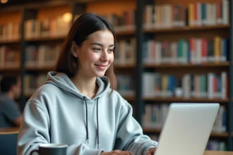 Étudiante accédant à son portail universitaire my psb sur un ordinateur portable dans une bibliothèque moderne