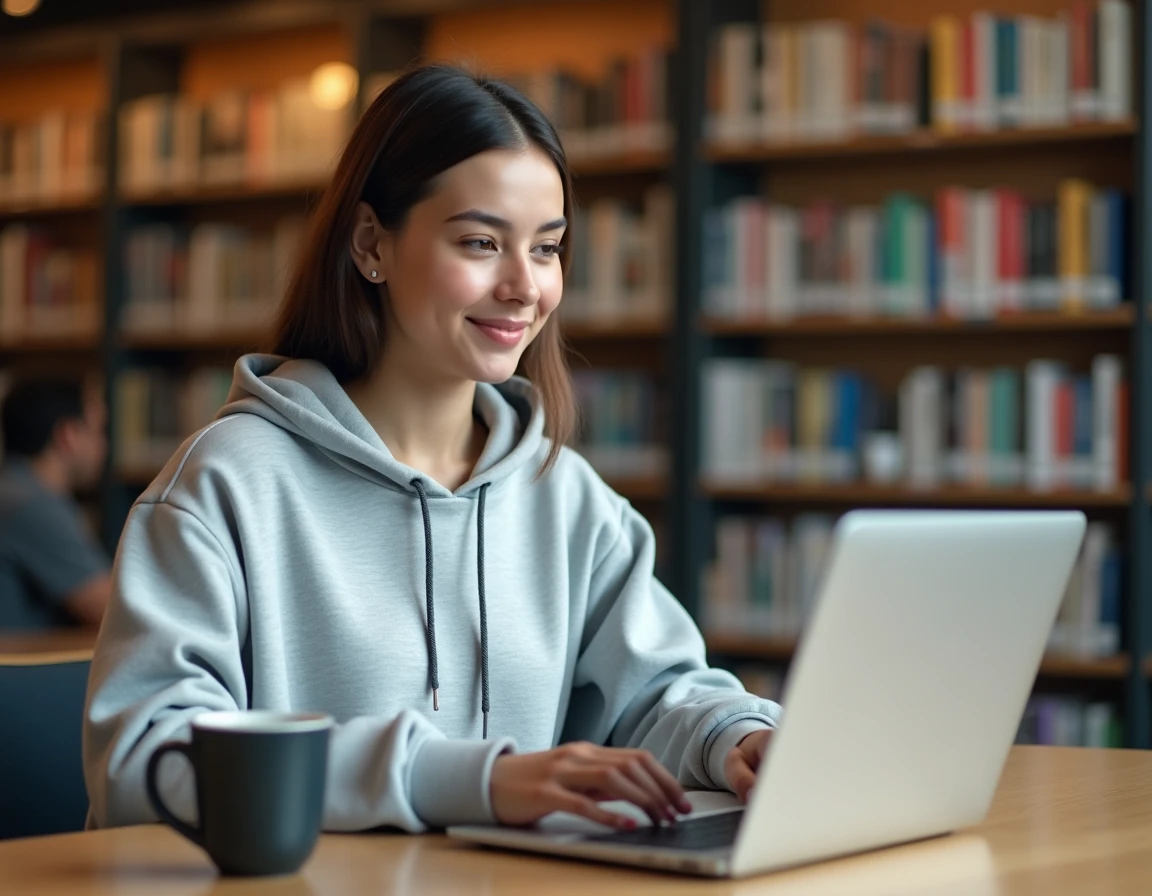 Étudiante accédant à son portail universitaire my psb sur un ordinateur portable dans une bibliothèque moderne