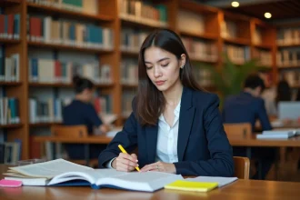 Étudiante en prépa ECE concentrée sur ses révisions d'économie dans une bibliothèque universitaire moderne