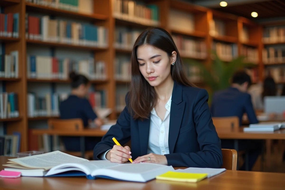 Étudiante en prépa ECE concentrée sur ses révisions d'économie dans une bibliothèque universitaire moderne