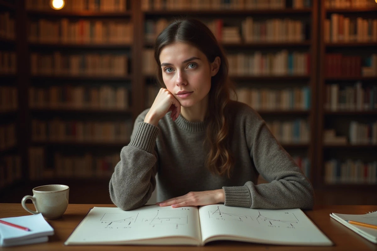 Étudiante consultant un manuel de statistiques avec des formules de probabilité conditionnelle P(A inter B) dans une bibliothèque universitaire