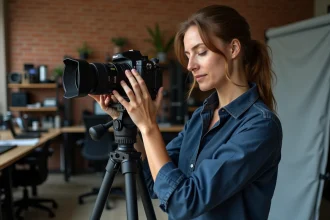 Étudiante en photographie réglant un appareil photo reflex dans un studio pédagogique d'une école de photographie à Toulouse