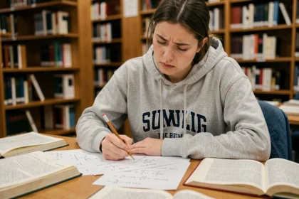 Étudiante en mathématiques travaillant sur des identités trigonométriques cos²-sin² dans une bibliothèque universitaire