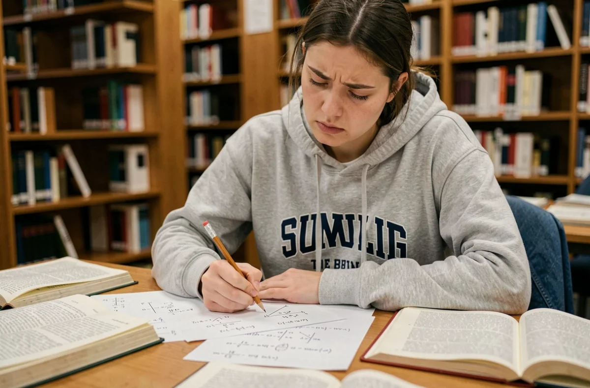 Étudiante en mathématiques travaillant sur des identités trigonométriques cos²-sin² dans une bibliothèque universitaire
