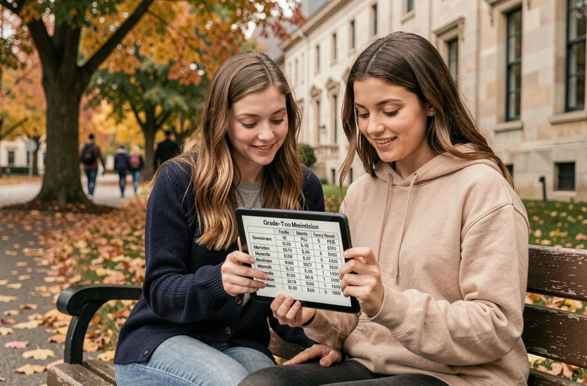 Deux étudiantes comparant leurs résultats sur un tableau de conversion de notes sur un campus universitaire