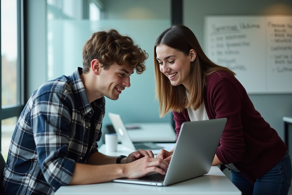 Deux étudiants de l'ENSAM consultant ensemble leurs notes et modules de cours sur le portail LISE dans une salle d'étude