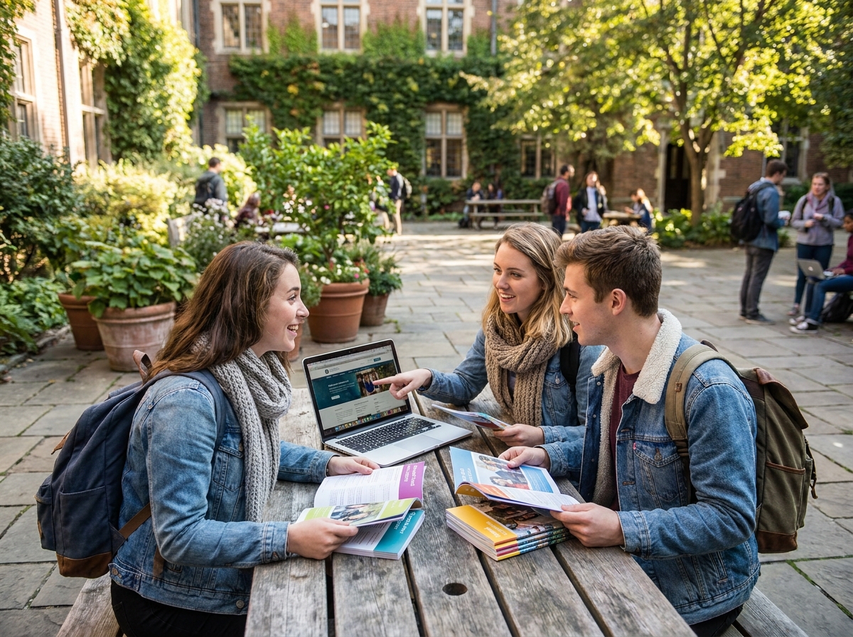 Groupe d'étudiants consultant des brochures sur les formations cinéma et audiovisuel après le bac