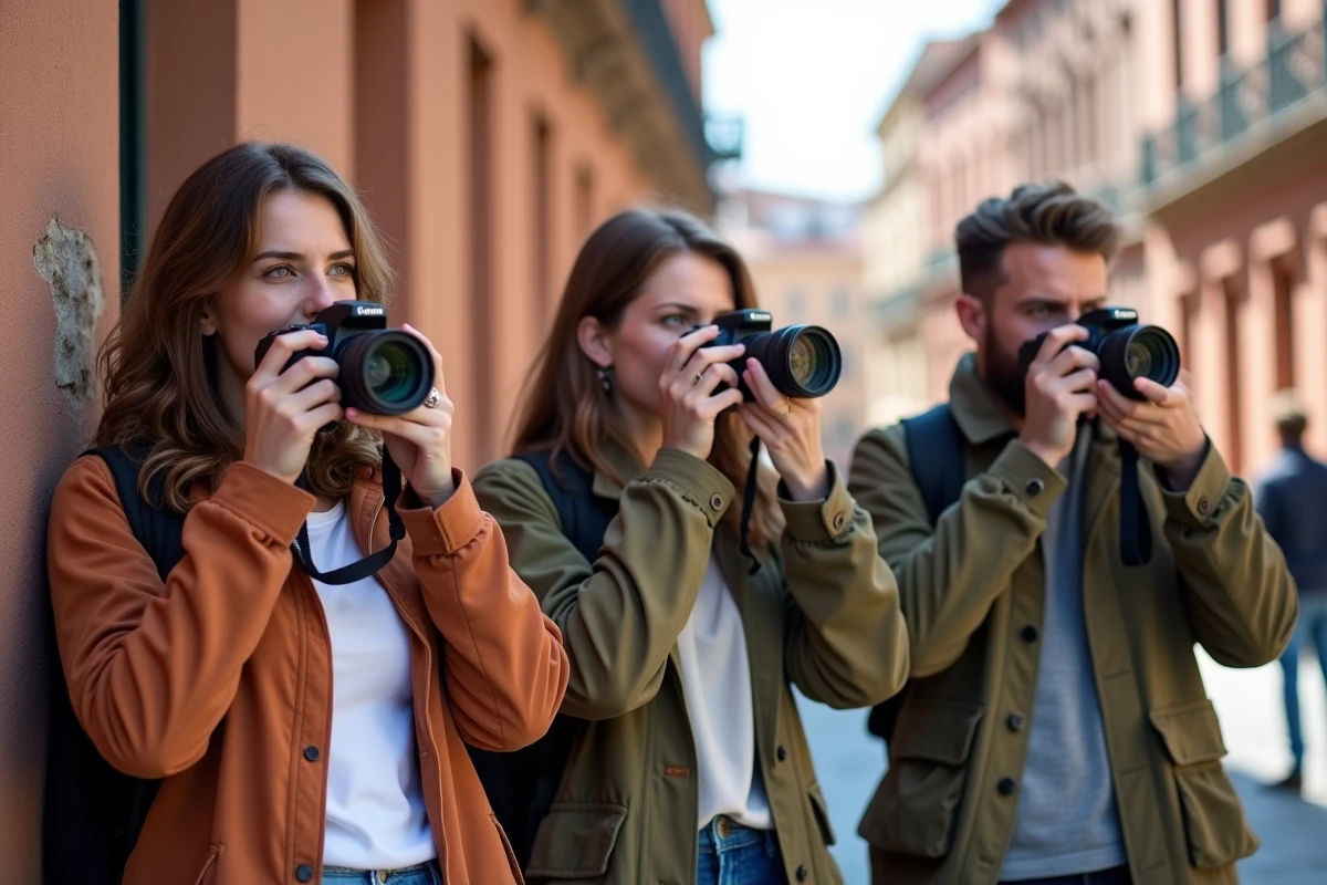 Groupe d'étudiants en photographie lors d'un cours en extérieur dans les rues de Toulouse avec appareils photo reflex