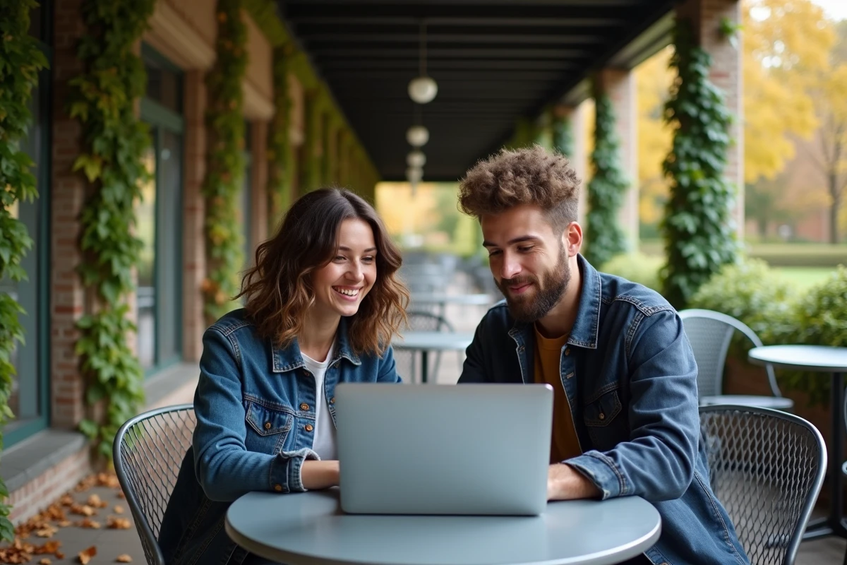 Deux étudiants planifiant leur emploi du temps sur LEO UGA en terrasse du campus