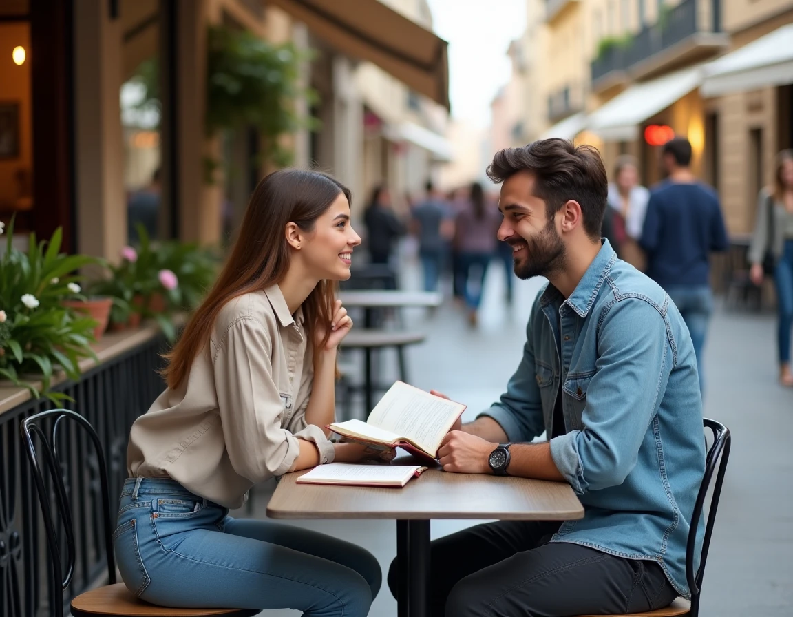 Deux étudiants universitaires révisant la conjugaison du verbe SER espagnol avec un manuel de grammaire ouvert sur une terrasse de café en ville
