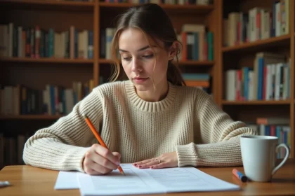 Jeune femme corrigeant des exercices de ponctuation française sur une feuille imprimée à son bureau en bois
