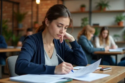 Femme adulte reprenant ses études à 30 ans, concentrée sur ses notes dans un espace de coworking chaleureux