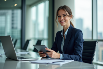 Femme d'affaires confiante avec tablette dans un bureau moderne