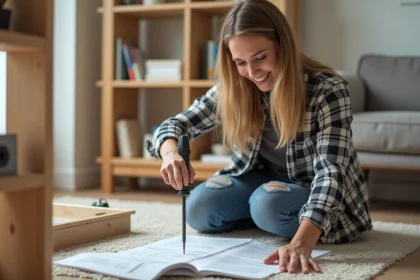 Femme en jeans assemble une étagère dans un salon lumineux