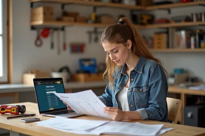 Femme en jeans et chemise à carreaux dans un atelier lumineux