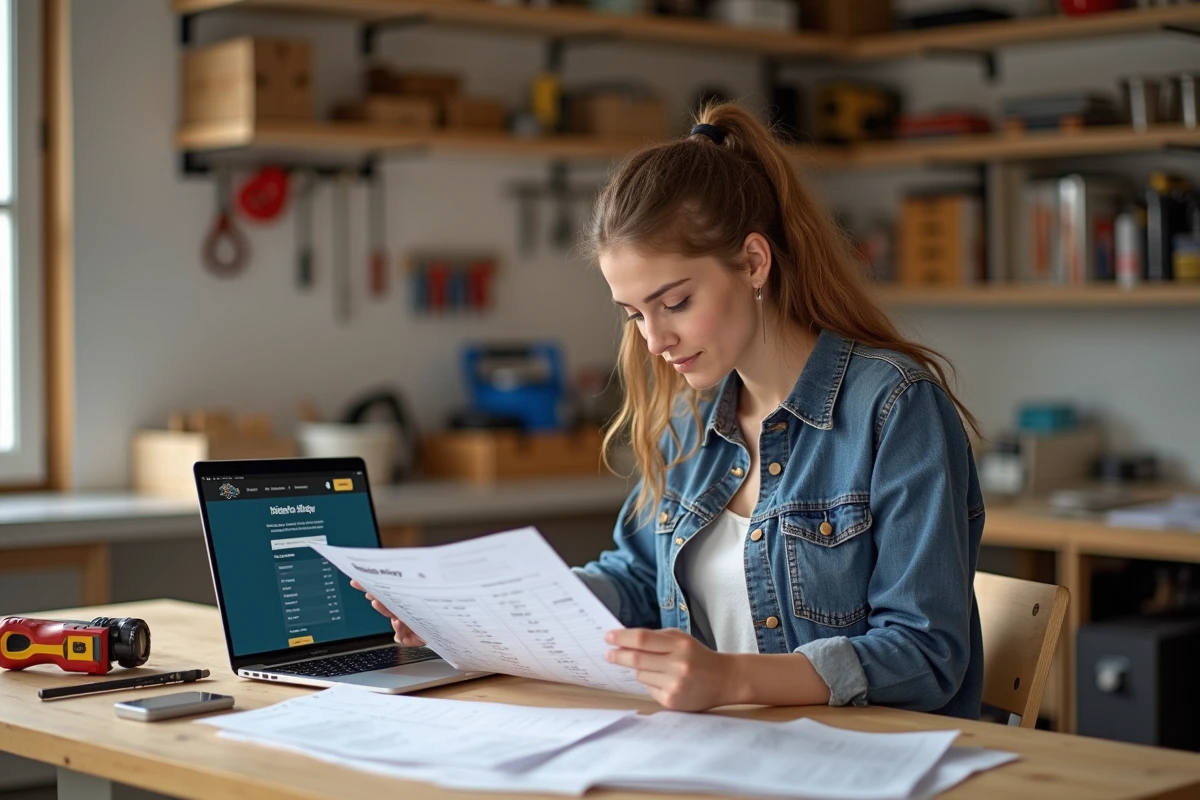 Femme en jeans et chemise à carreaux dans un atelier lumineux