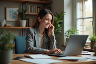 Femme en bureau moderne regardant par la fenêtre