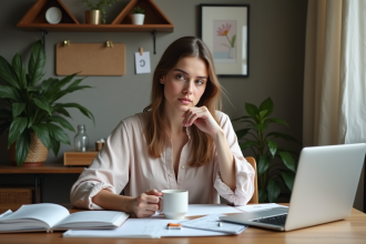 Jeune femme au bureau regardant ses portfolios design